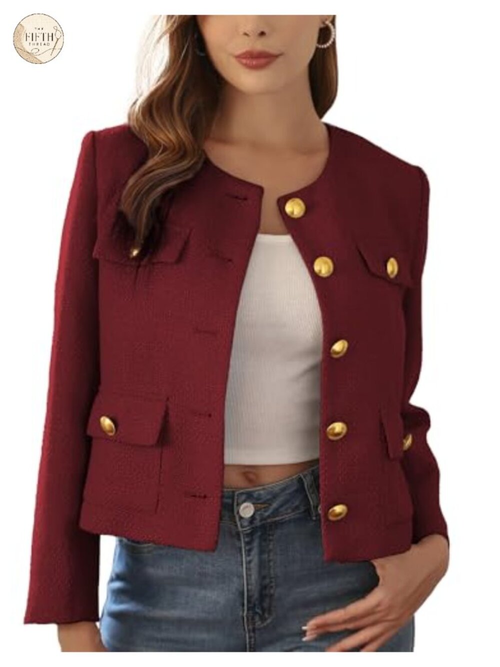 Cropped Tweed Blazer Collarless Gold-Tone Button Business Casual Jacket